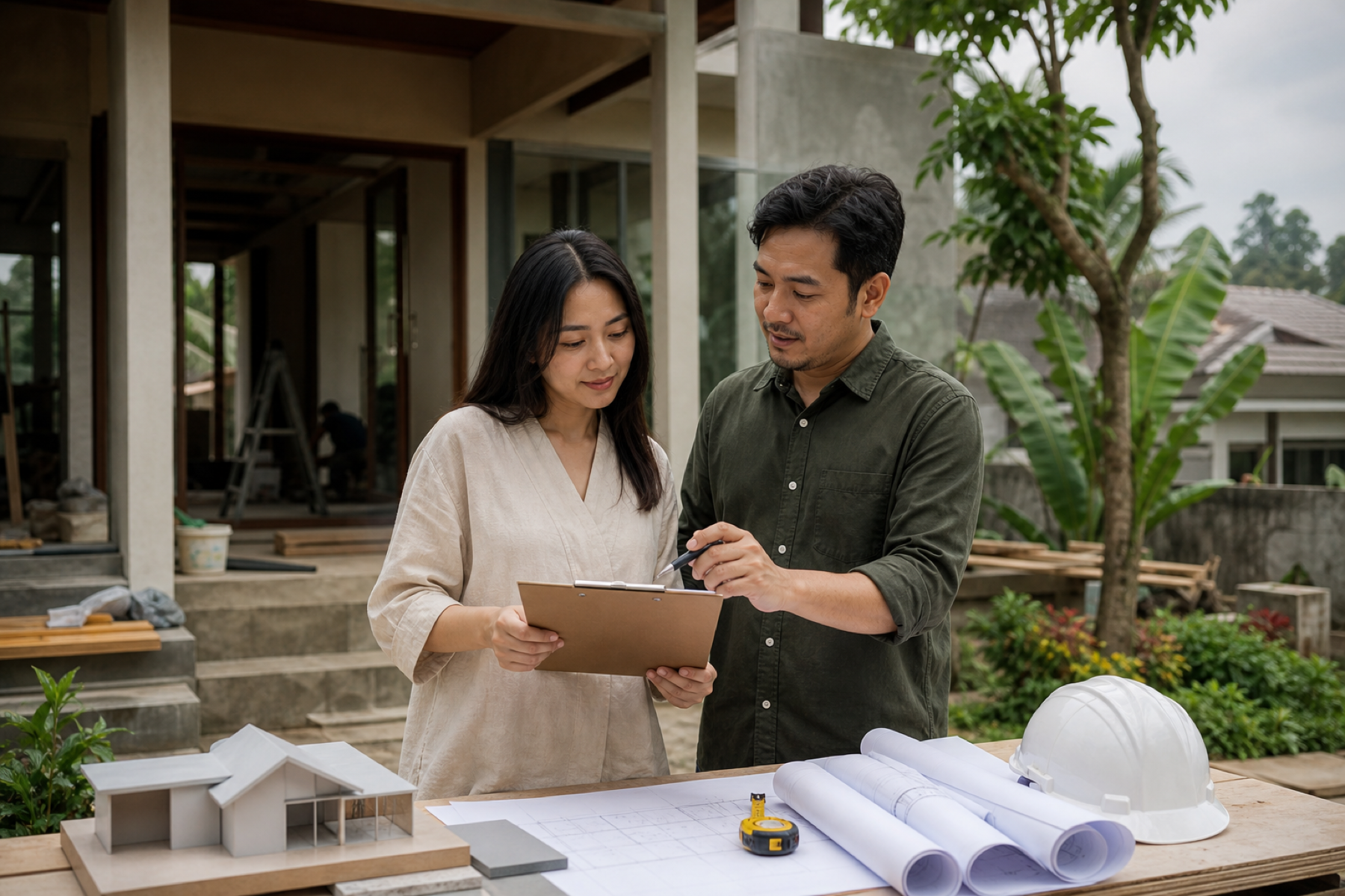 Pemilik rumah dan kontraktor memeriksa checklist proyek di Bogor