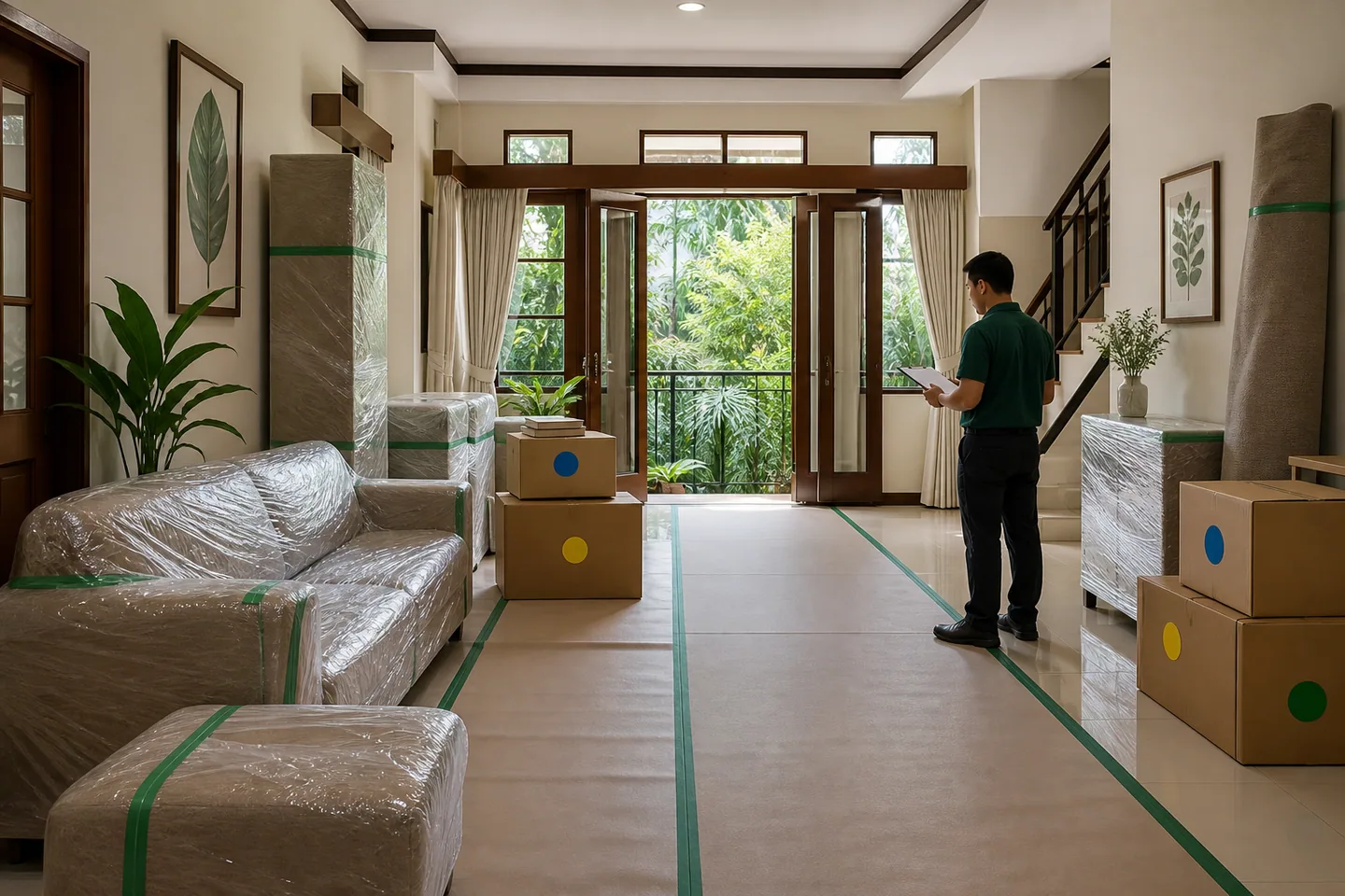 Furnitur dibungkus dan lantai dilindungi sebelum renovasi rumah
