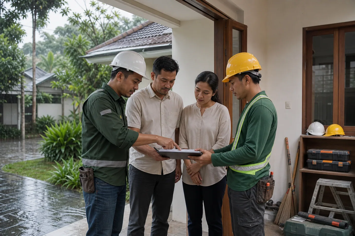 Pemilik dan tim kontraktor melakukan rapat sebelum renovasi dimulai