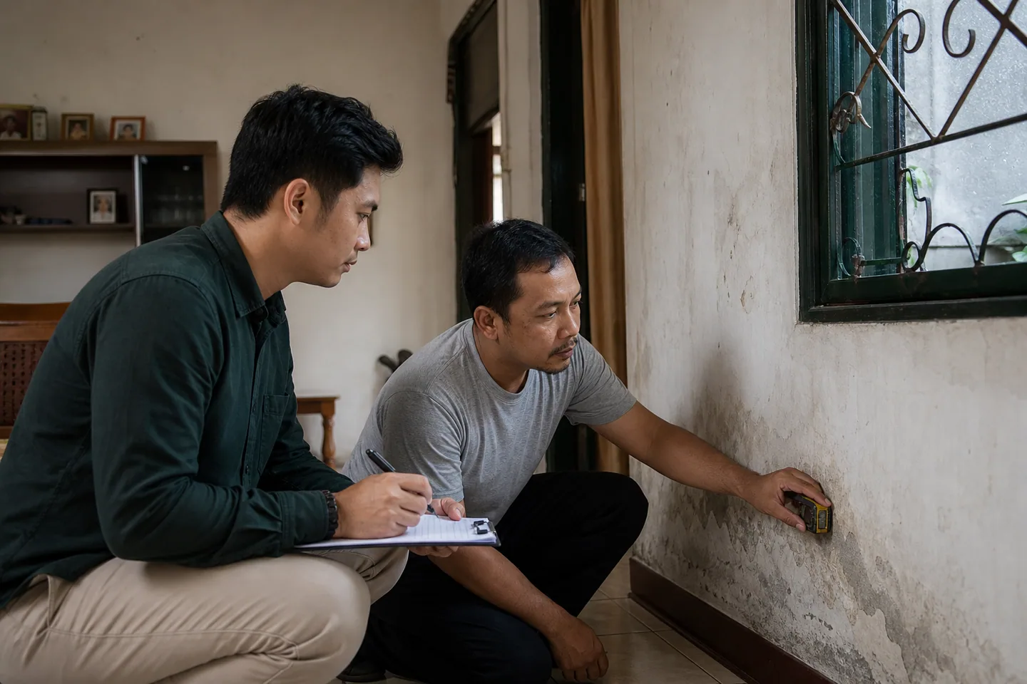 Pemeriksaan dinding lembap saat survei renovasi rumah di Bogor